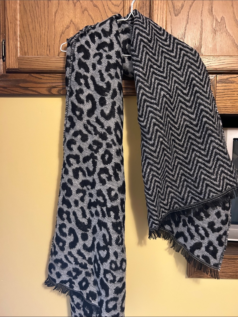 Black and Gray Reversible Animal Print & Chevron Scarf